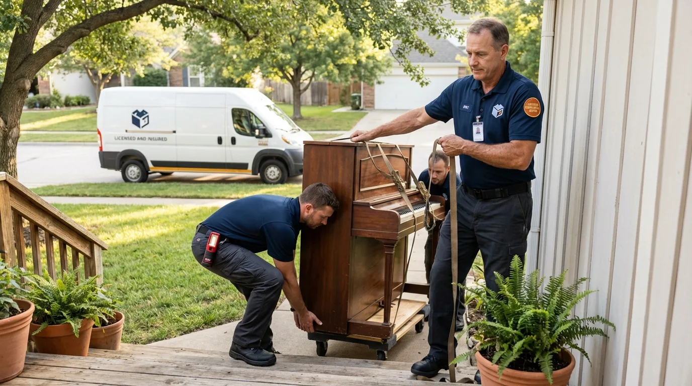 Licensed piano movers securing grand piano in Badin, NC